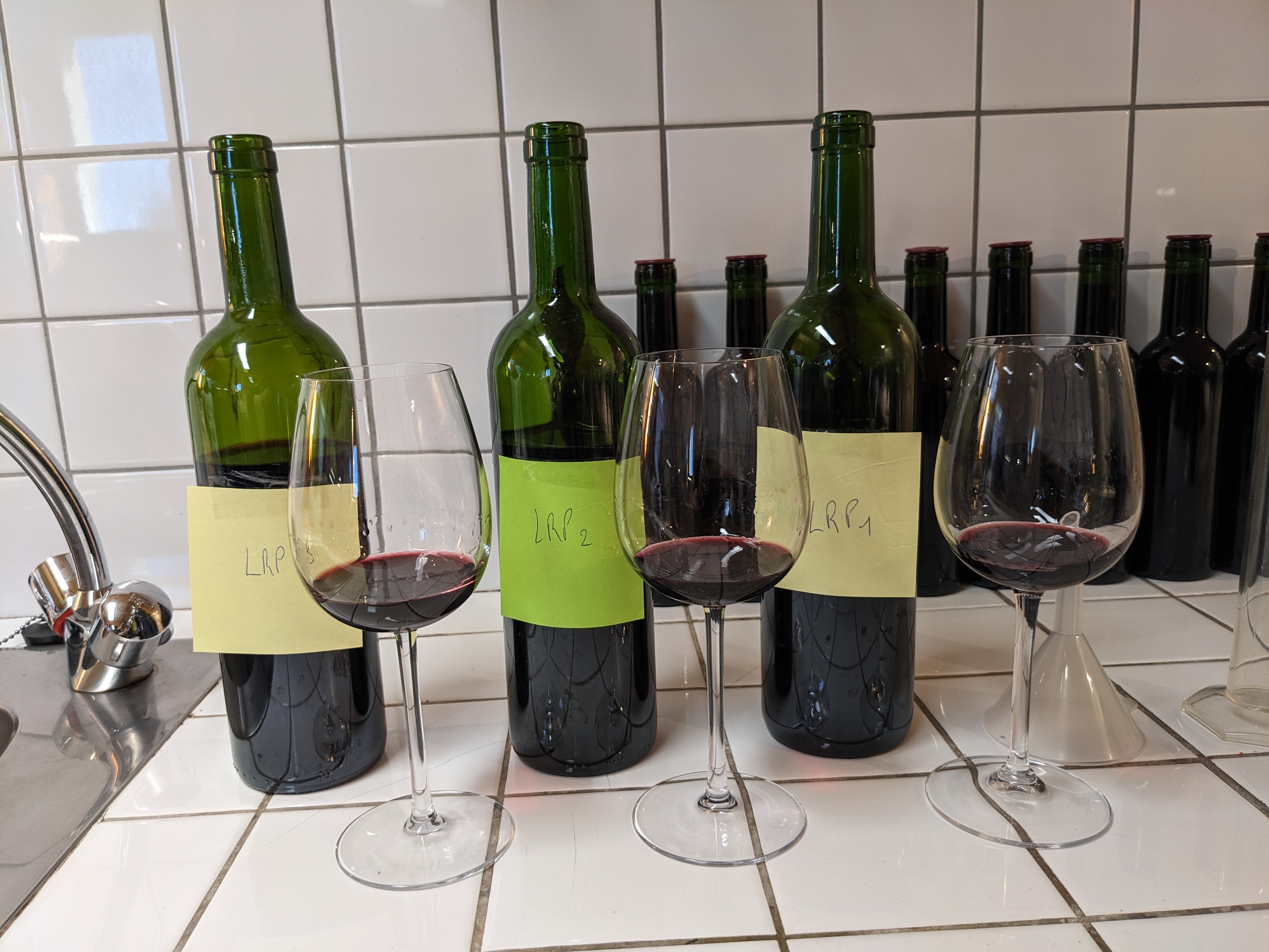 3 verres et 3 bouteilles de vin de cépage La Rose Perrière sur la paillasse du laboratoire  pendant un atelier d’assemblage  