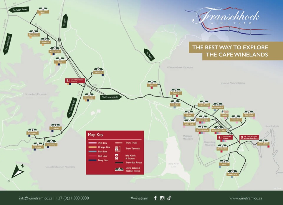 carte des itinéraires proposés par les 5 lignes du Franschhoek wine tram