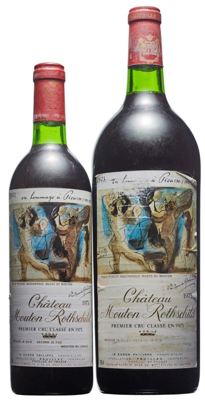 bouteille de Château Mouton Rothschild 1973 arborant l’étiquette hommage a Pablo Picasso