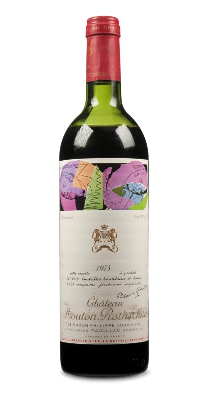 Bouteille de Château Mouton Rothschild 1975 arborant l’étiquette conçue par Andy Warhol