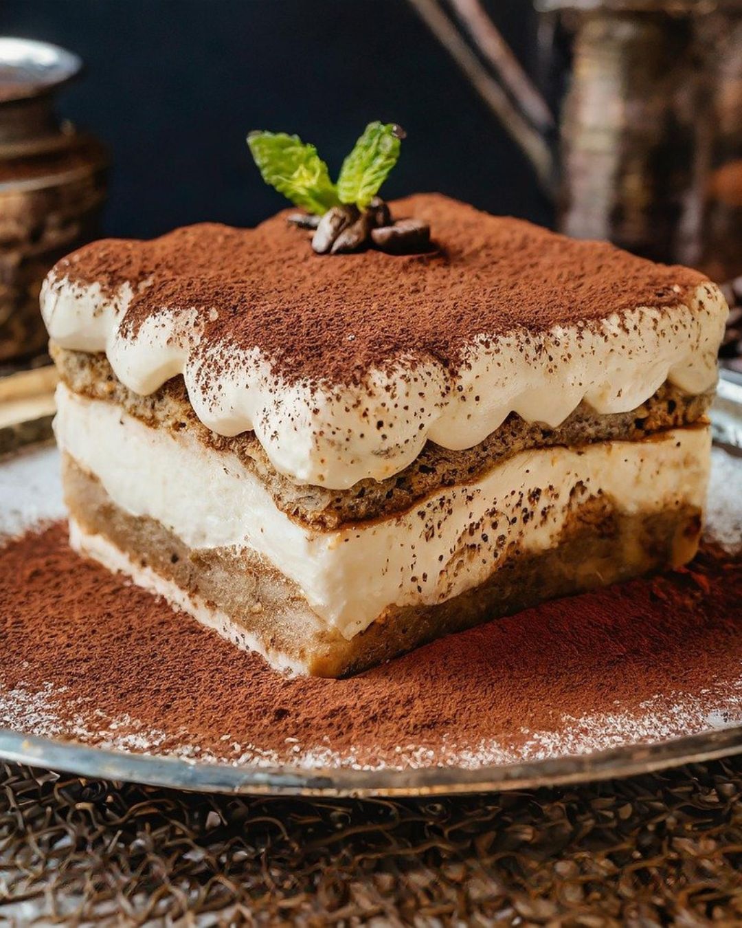 Une part carrée de tiramisu sur une assiette