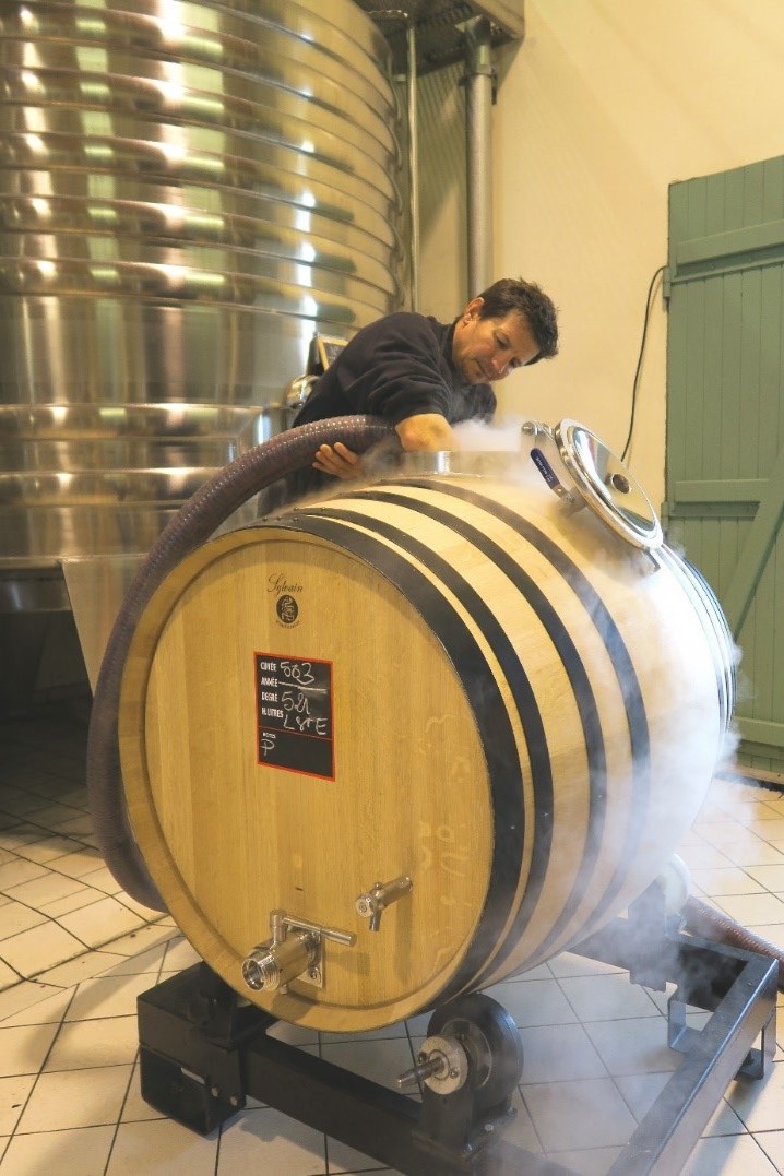 Vinification en barriques 500 L de chene français dans le chai du Château La Rose Perriere